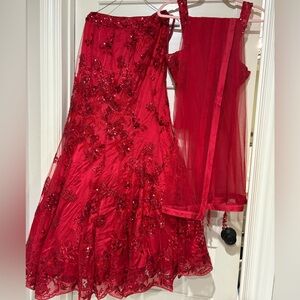 Elegant Red Floral Gown with Sheer Overlay